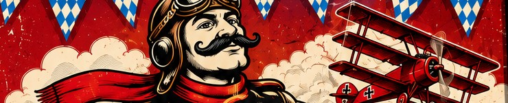 The Brat Baron, a mustachioed flying ace in goggles and a red scarf, beside a red biplane